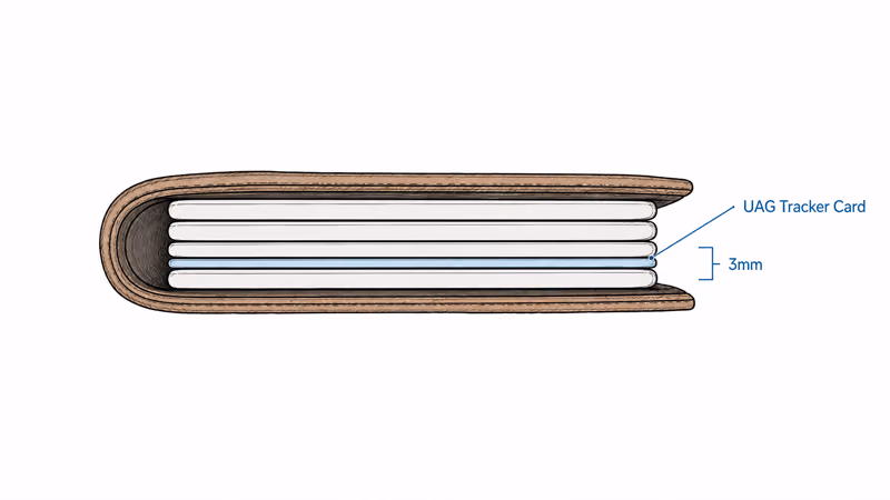 Cross-section of a leather wallet showing the slim 3mm UAG tracker card sitting flush among other cards