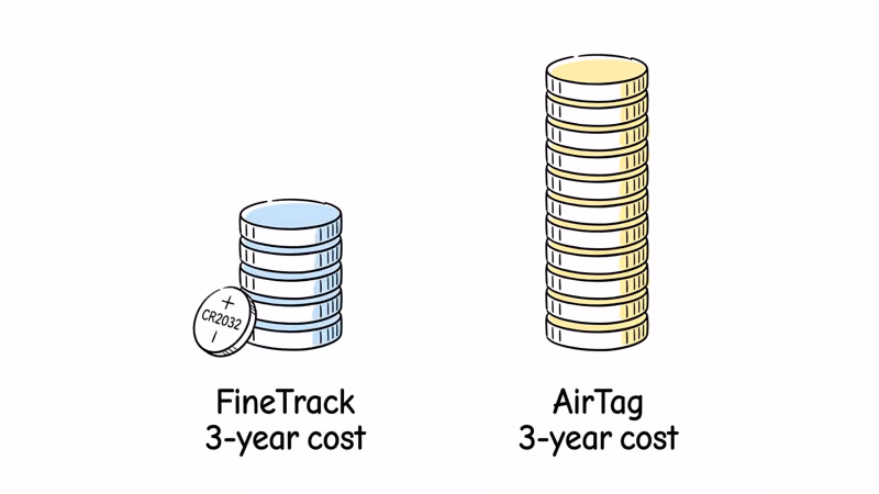 Three-year cost comparison showing UGREEN FineTrack at $21 versus AirTag at $32