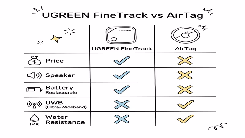 UGREEN FineTrack vs AirTag feature comparison showing price, speaker, battery, UWB, and water resistance