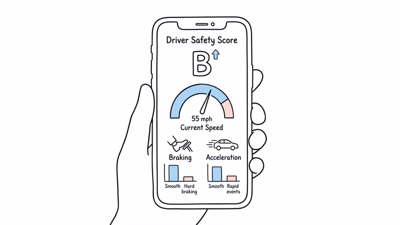 Vyncs GPS app showing driver safety score and trip monitoring interface