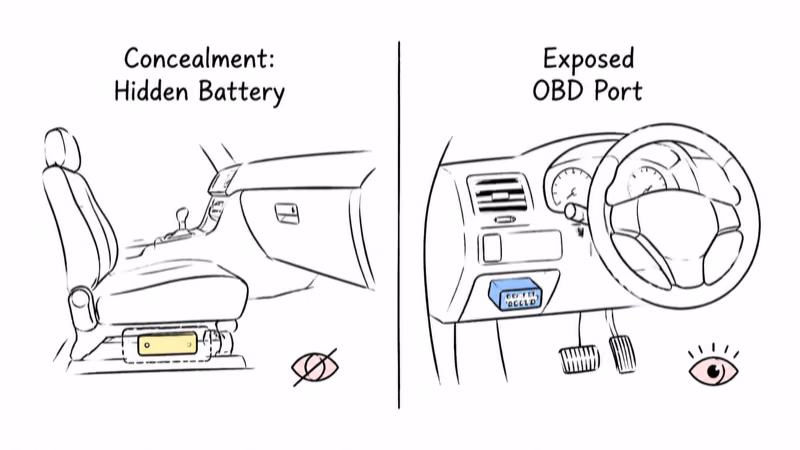 SpyTec GL300 hidden battery placement versus Vyncs exposed OBD-II port under the dashboard