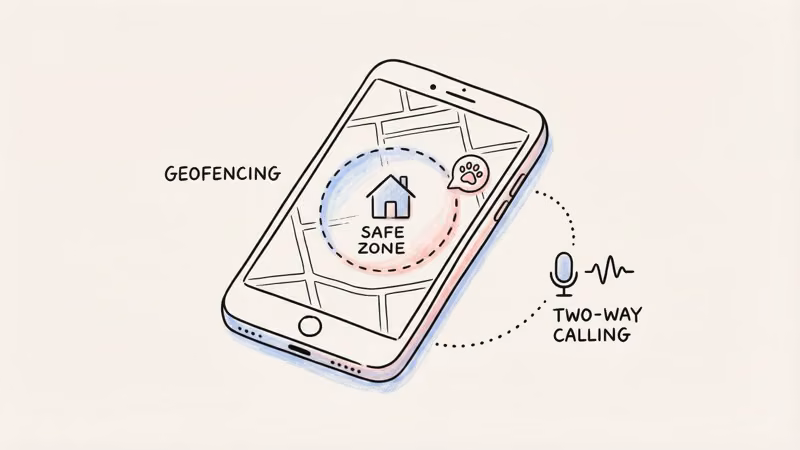 Weenect app displaying custom geofence zones and two-way calling feature