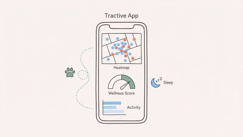 Tractive app features including heatmaps, Wellness Score, and activity tracking for cats