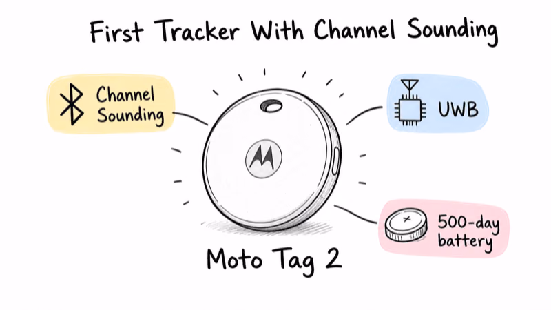 Motorola Moto Tag 2 shown as the first tracker with Channel Sounding plus UWB and a 500-day battery