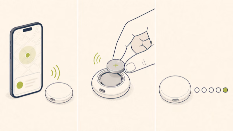 Illustration of three documented owner contexts for AirTag sound: Find My, battery connection, and official reset