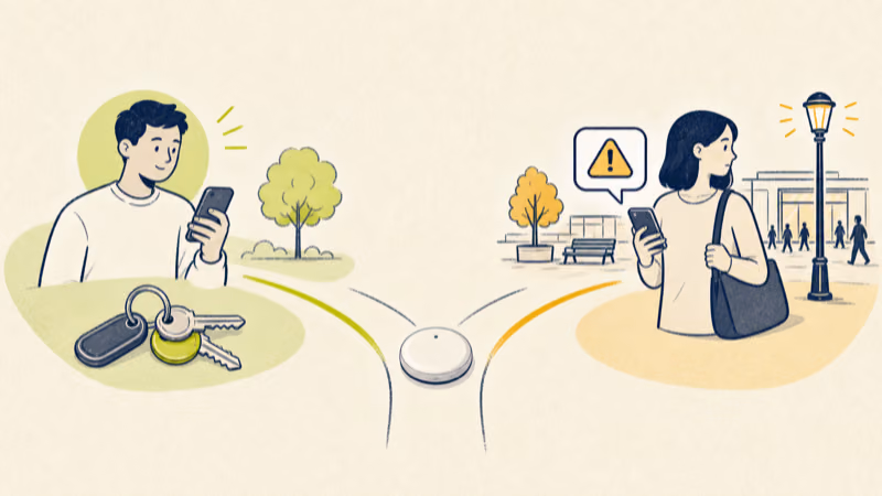 Decision illustration separating checks for your own AirTag from the safety workflow for an unknown AirTag