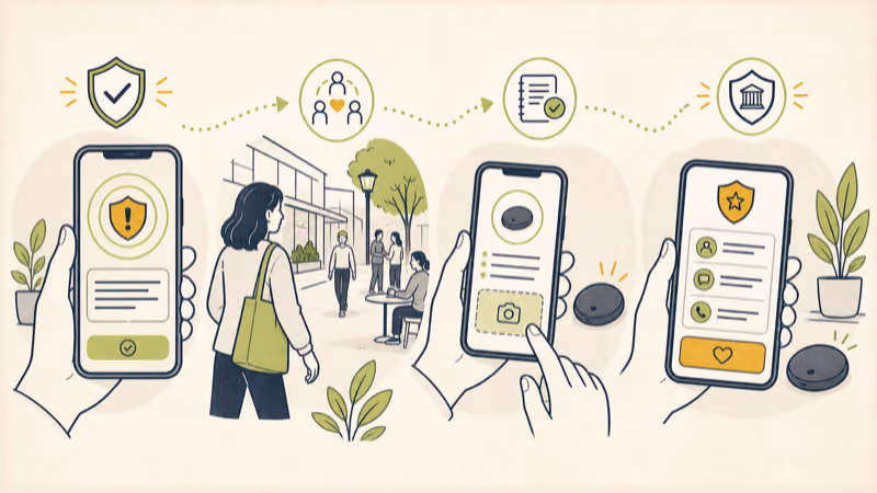 Protective unknown-tracker response path showing phone alert, safe location, identifier documentation, and official disable instructions