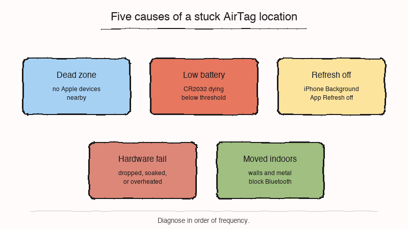 Five common causes of a stuck AirTag location illustrated in a grid: dead zone, dying battery, refresh off, hardware failure, indoor signal loss