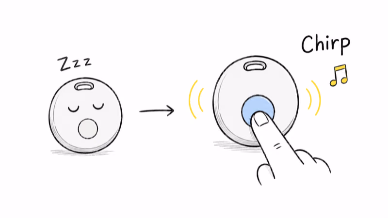 Pressing the tag button to wake a sleeping tracker into pairing mode with a chirp