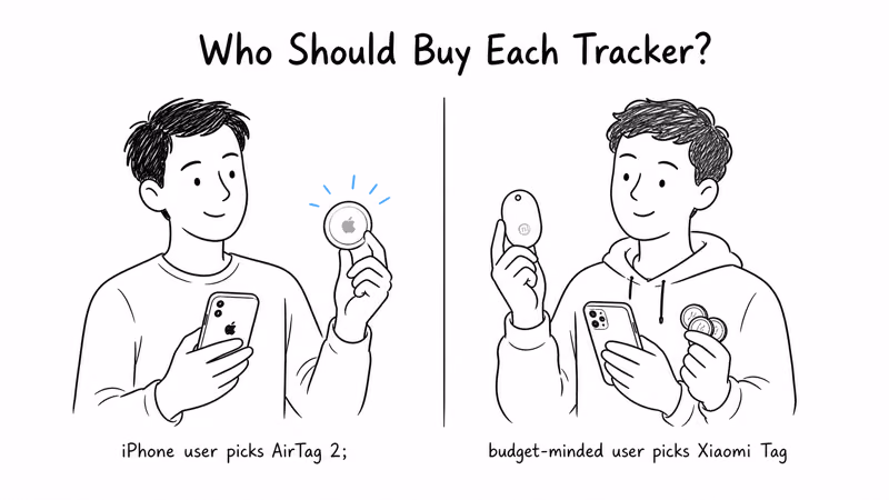 Notion hand-drawn decision split with an iPhone user choosing AirTag 2 on one side and a budget-minded user choosing Xiaomi Tag on the other