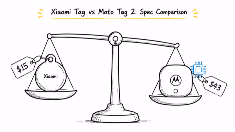 Balance scale weighing the $15 Xiaomi Tag against the premium Moto Tag 2 with its precision radio