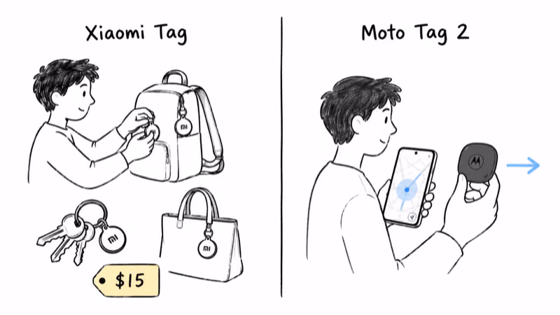 Decision split showing a budget buyer tagging items with Xiaomi Tag and a precision buyer choosing Moto Tag 2